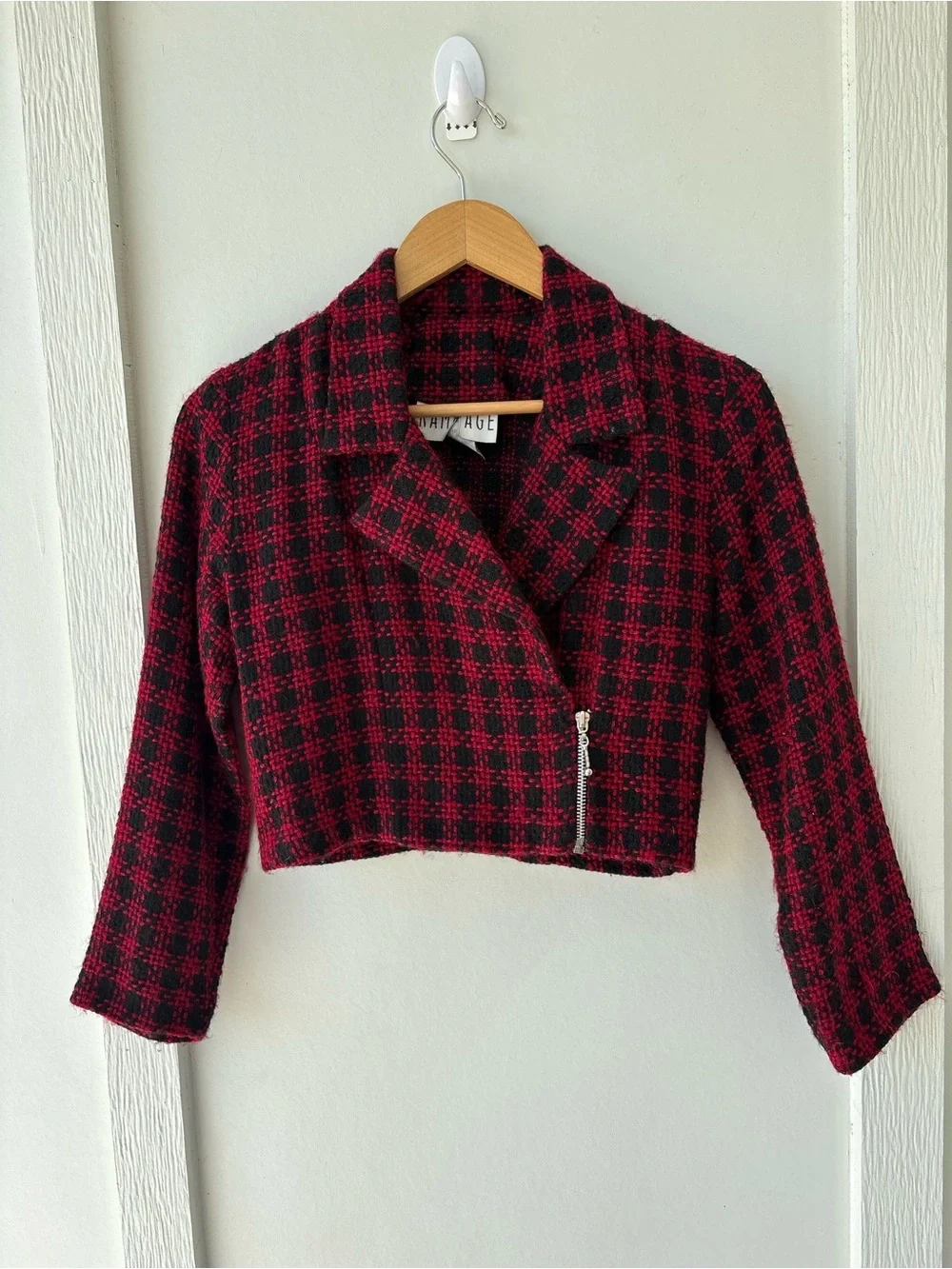 Vintage Rampage Cropped Plaid Moto Jacket Red Black Wool Blend Y2K Grunge
